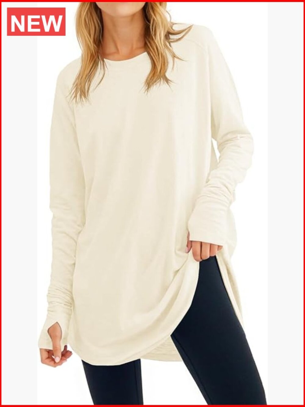 Long Sleeve Tunic Top with Thumb Holes, Polyester Rayon Spandex Blend